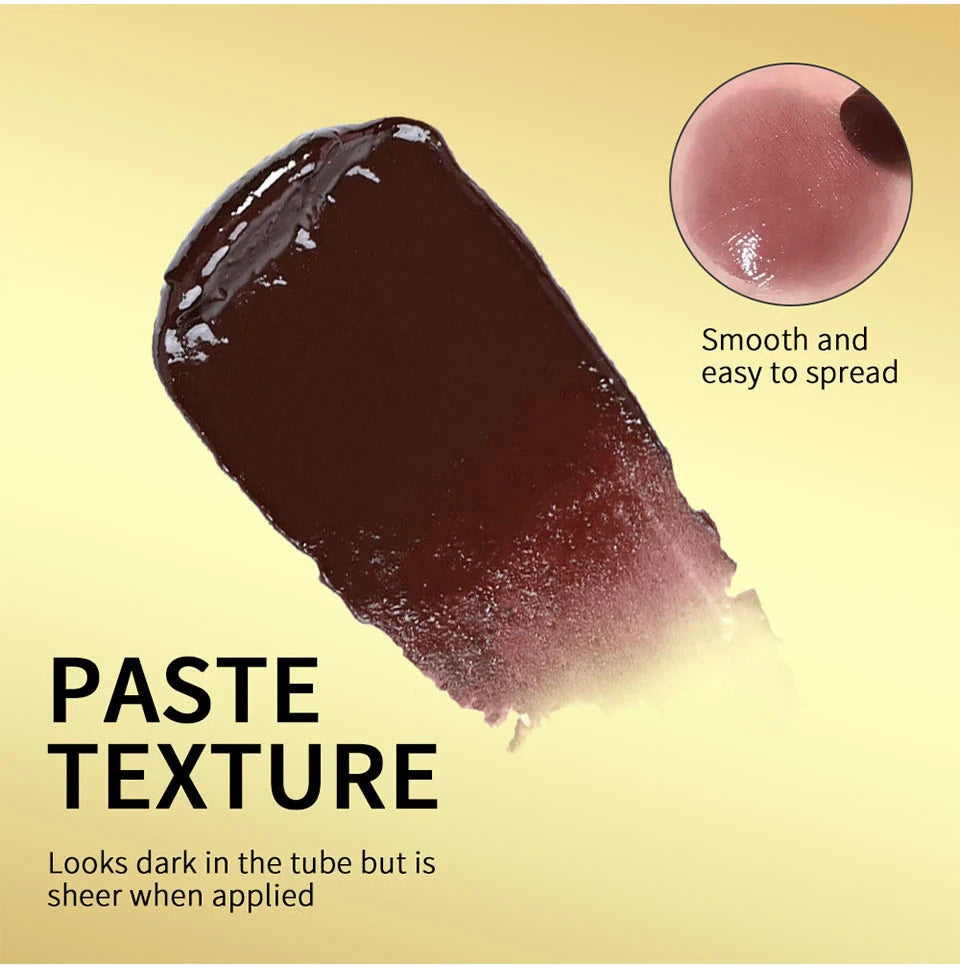Nourishing black brown honey tinted lip balm with smooth, creamy texture and sheer finish on application.