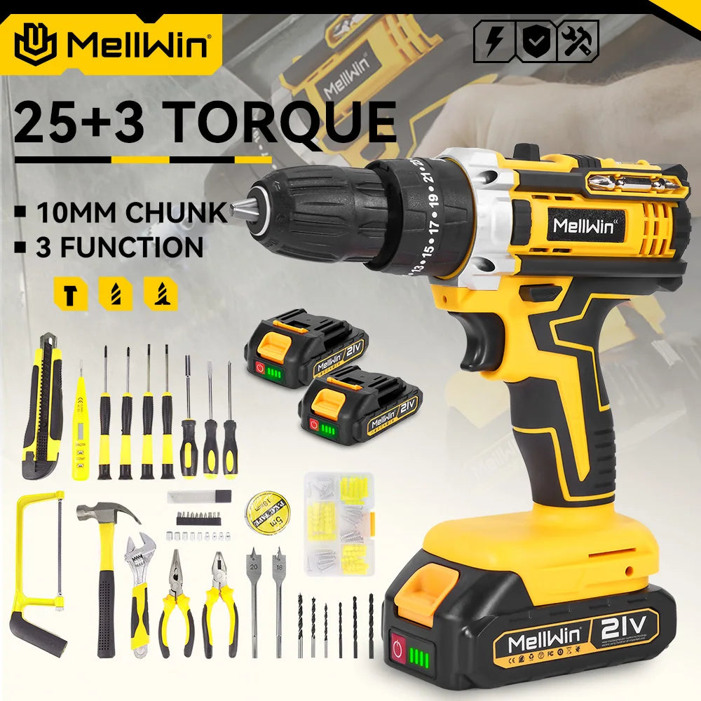 MELLWIN Cordless Electric Impact Drill Set 25+3 Torque Multipurpose Electric Screwdriver Power Tool For Makita 18V Battery Pin