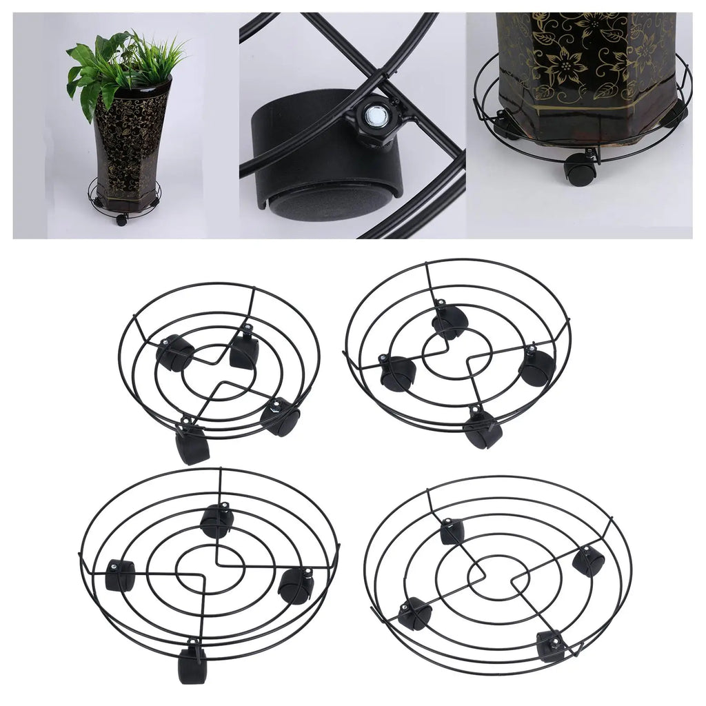Black plant trolley stand with spiral wire top and rolling caster wheels
