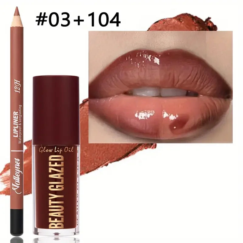 2pc makeup set: brown matte lip liner and moisturizing glossy lip oil for a long-lasting, defined, and shiny lip look.