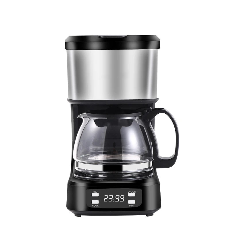 Programmable black and silver stainless steel drip coffee maker with glass carafe and digital display.