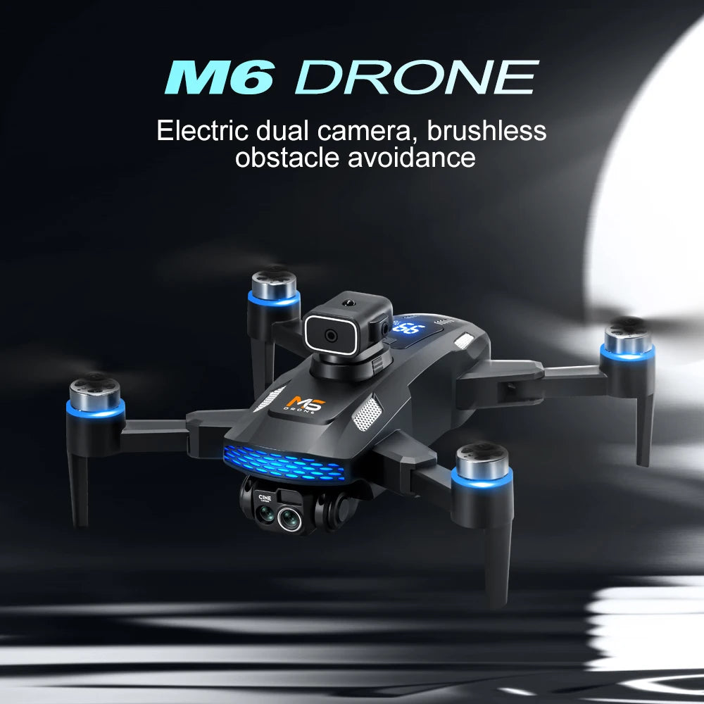 M6 quadcopter drone in black with blue LED lights, dual cameras, and an obstacle avoidance sensor.