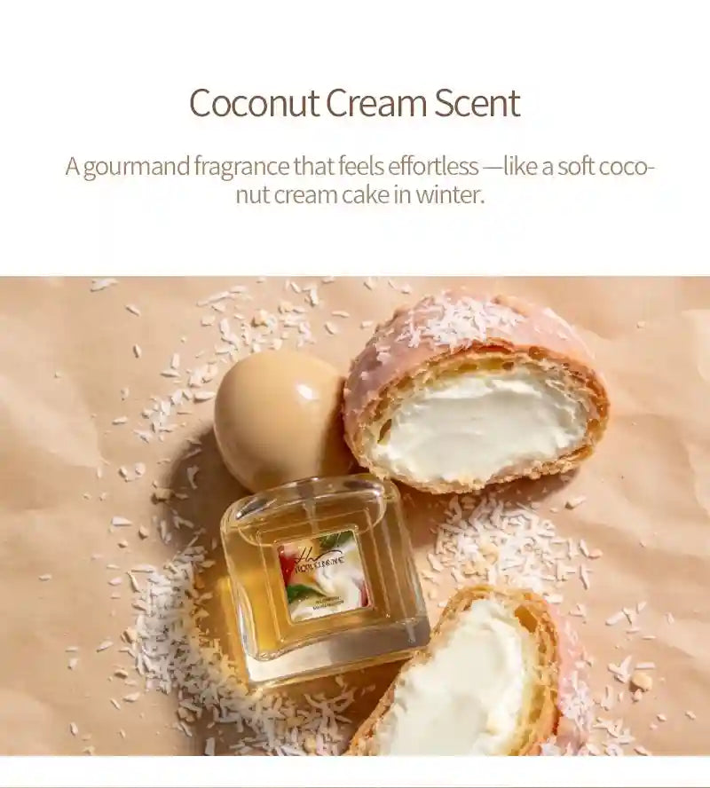 Long-lasting unisex coconut vanilla gourmand perfume. Square bottle, warm caramel cream scent for men and women.