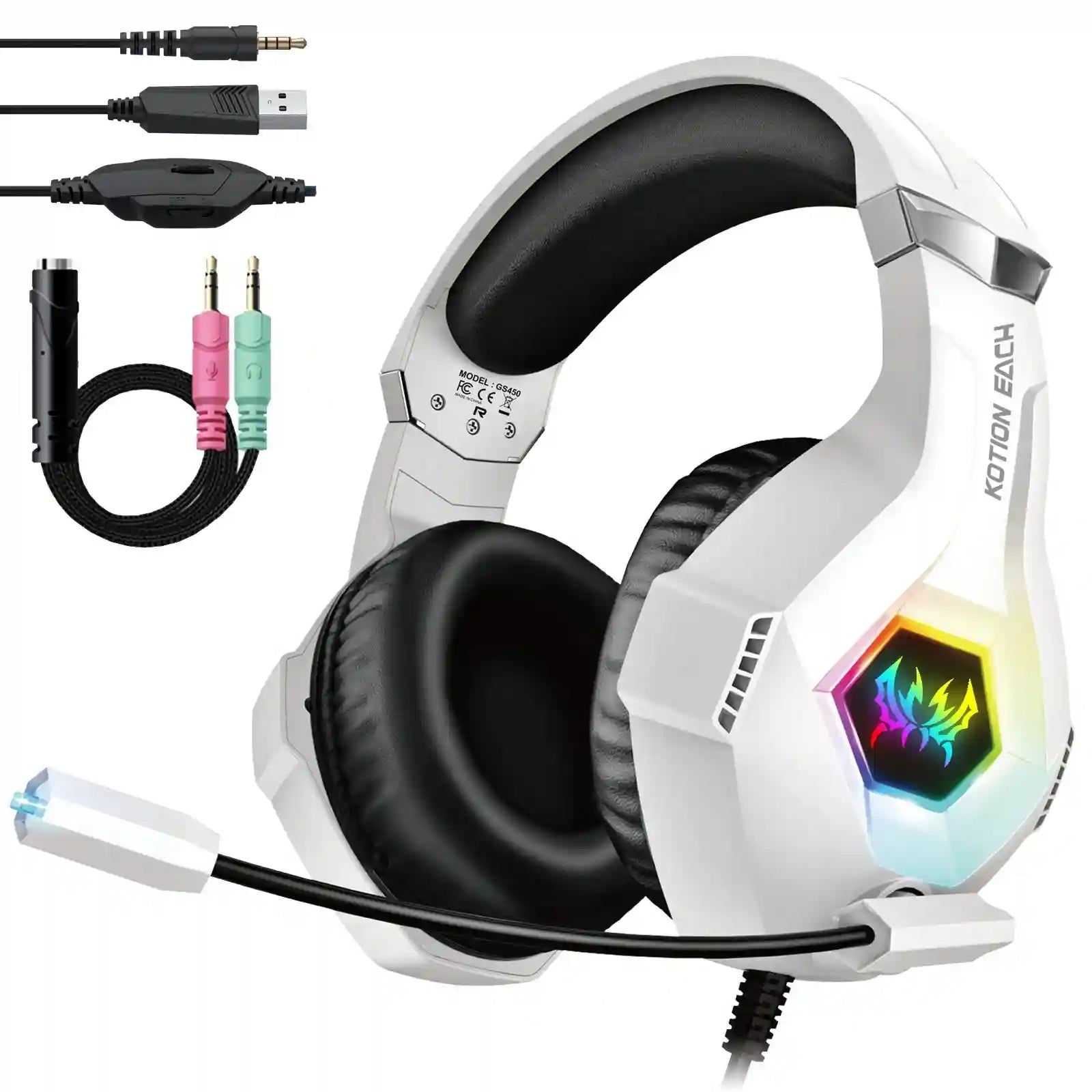 RGB Wired Gaming Headset with Noise Cancelling Mic - Black & White WHITE Tidesmit