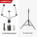 AL-20 RGB dual LED light set with phone mount, remote, and a black 2-meter tripod stand for video production.