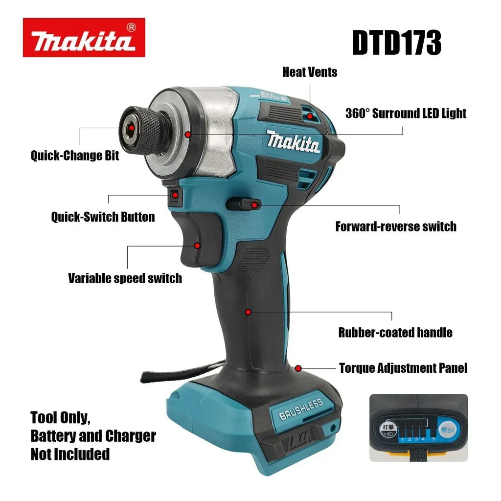 Makita DTD173 18V LXT Cordless Impact Driver Brushless Electric Drill Screwdriver Wood/Bolt T1/T2-Mode Twin LED Light 180 N·m+Makita DTD173 18V Cordless Impact Driver LXT BL Brushless Motor Electric Drill Wood/Bolt/T-Mode 18