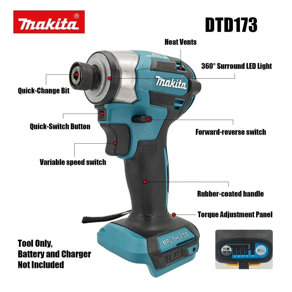 Makita DTD173 18V LXT Cordless Impact Driver Brushless Electric Drill Screwdriver Wood/Bolt T1/T2-Mode Twin LED Light 180 N·m+Makita DTD173 18V Cordless Impact Driver LXT BL Brushless Motor Electric Drill Wood/Bolt/T-Mode 18