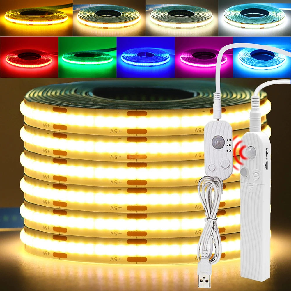 5V Motion Sensor LED COB Light Strip Human Induction USB/Battery Powered Flexible Lamp Under Cabinet Stairs Wardrobe Nightlights