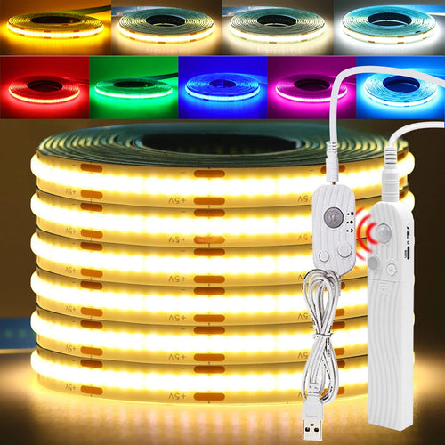 Flexible 5V COB LED light strip with motion sensor controller, warm white glow