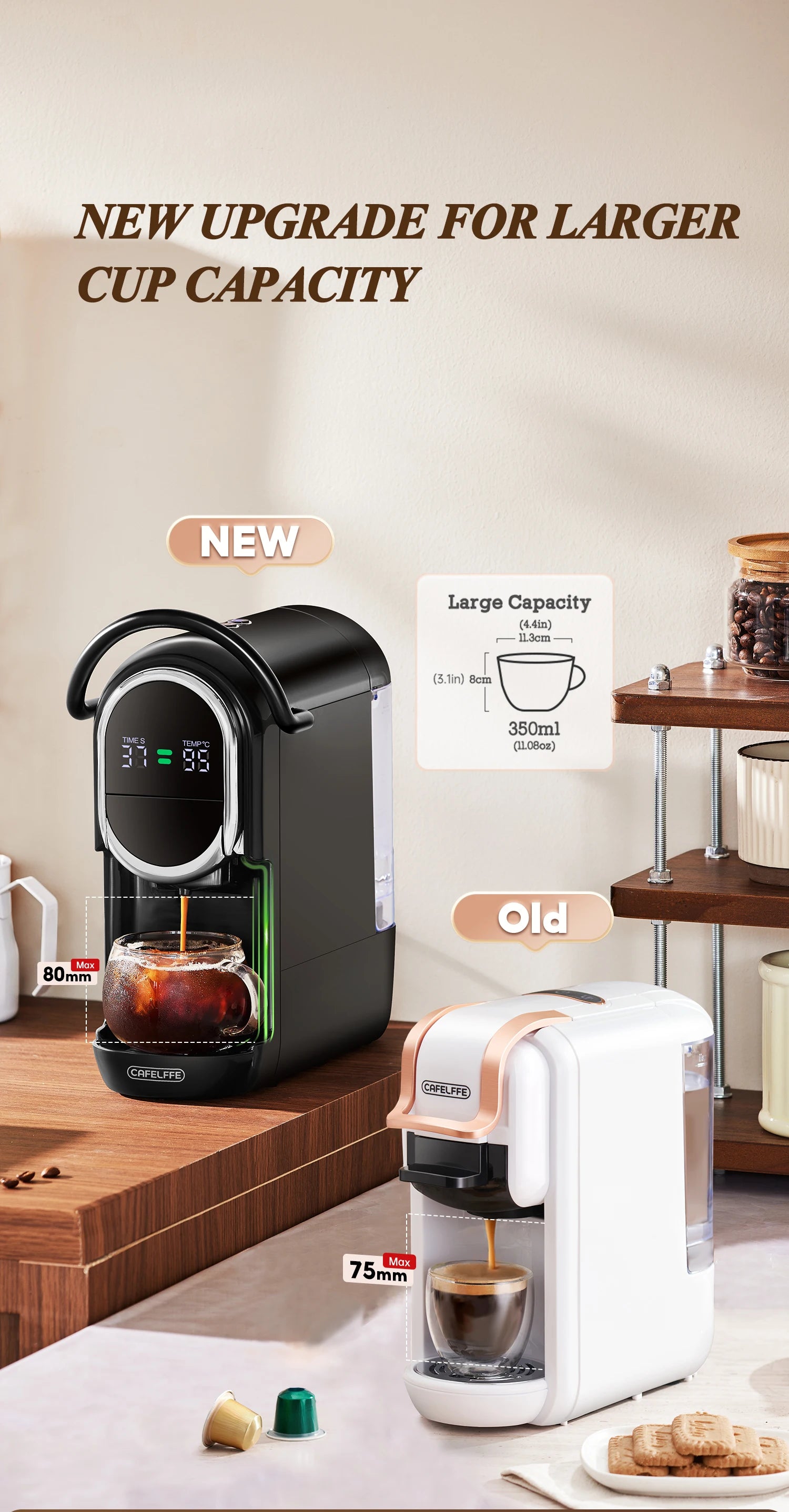 Cafelffe black coffee machine with digital display and 350ml cup capacity, shown alongside an older white model.