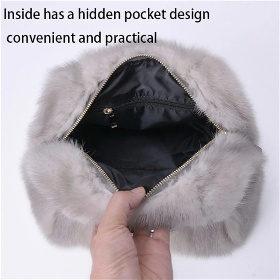 Women's Mink Fur Handbag 2026 New Fashion Designer Fluffy Fur Wrist Bag Large Capacity Soft Shopping Bag Girl Cute Handbag