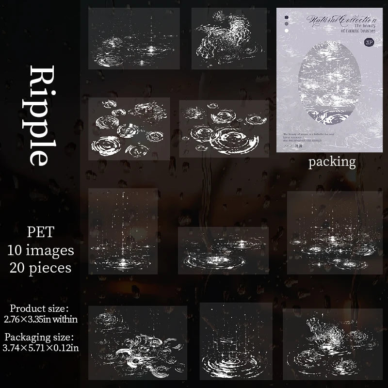 20pcs retro PET stickers featuring aesthetic raindrop and ripple designs for creative journaling and scrapbook DIY.