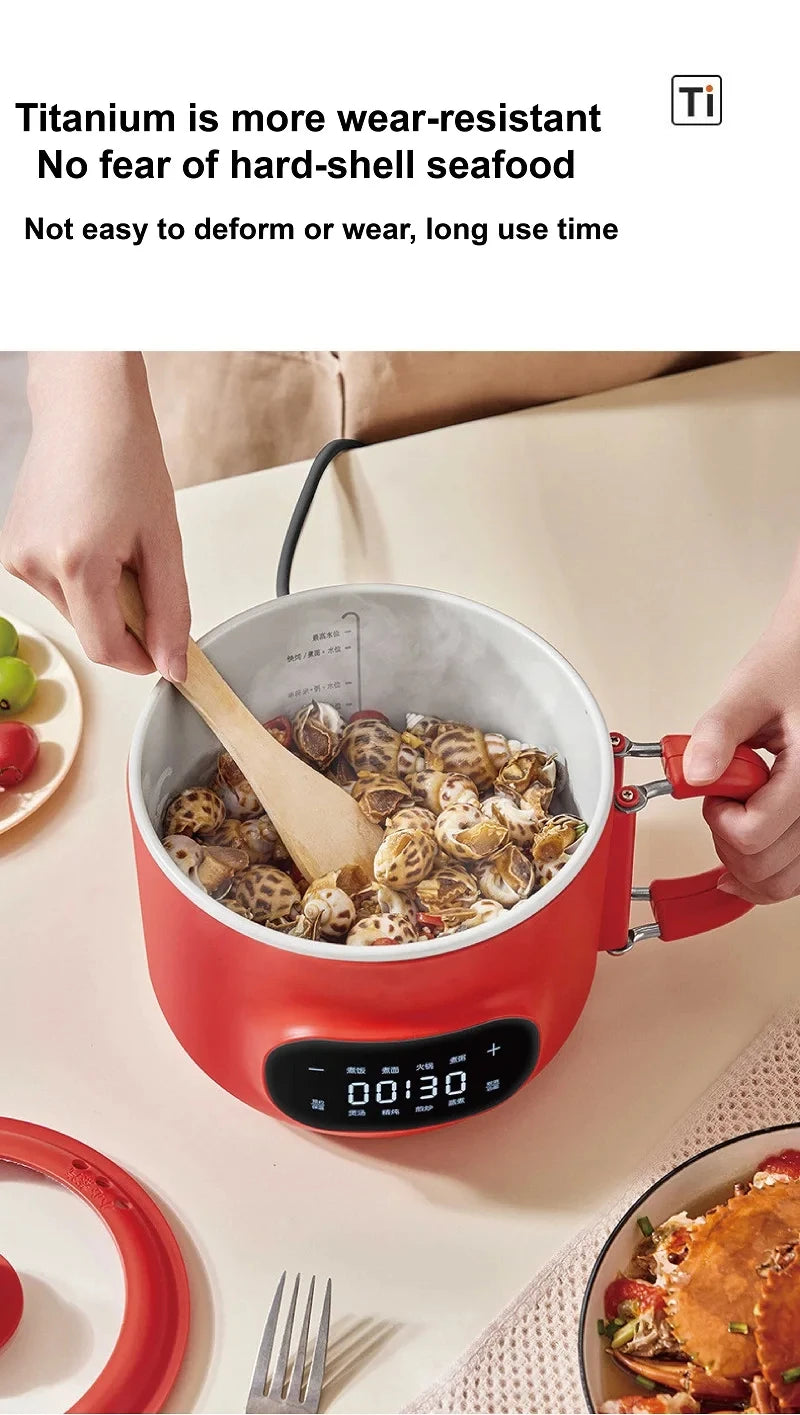 Red electric cooking pot with steaming food and wooden spoon; digital timer display on front