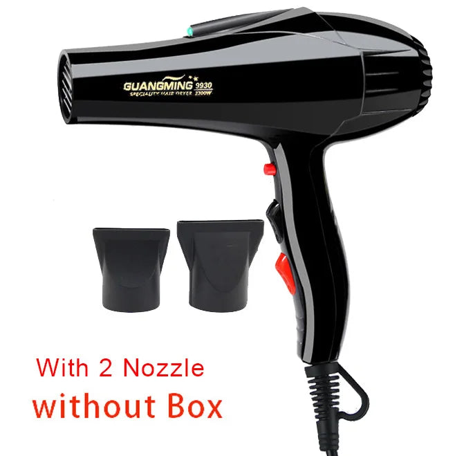Professional black 2100W hair salon blow dryer with long cord, EU plug, and two concentrator nozzle attachments.