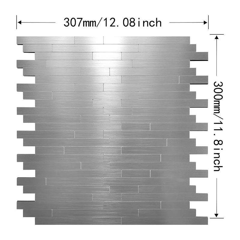Silver peel-and-stick backsplash tile panel, 12.08 in by 11.81 in