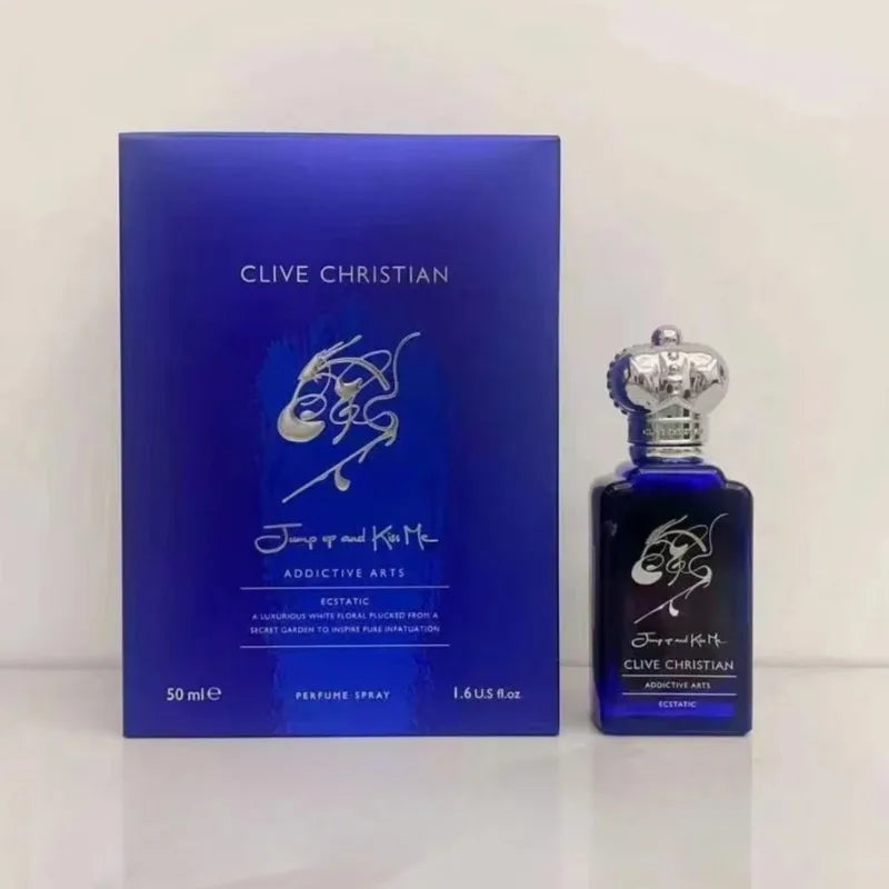 Clive Christian Jump Up and Kiss Me Ecstatic EDP, 50ml unisex floral woody amber fragrance in a blue crown bottle.