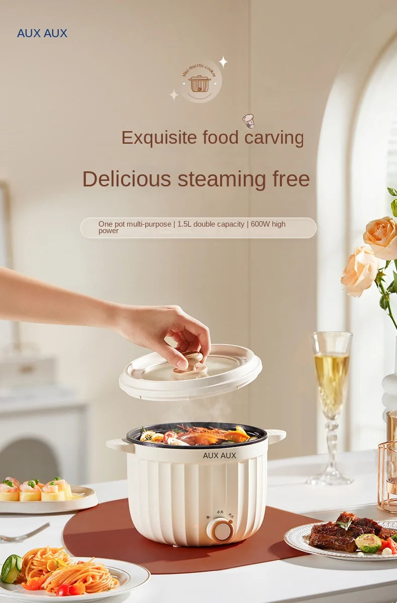 White mini electric rice cooker with glass lid and front control knob