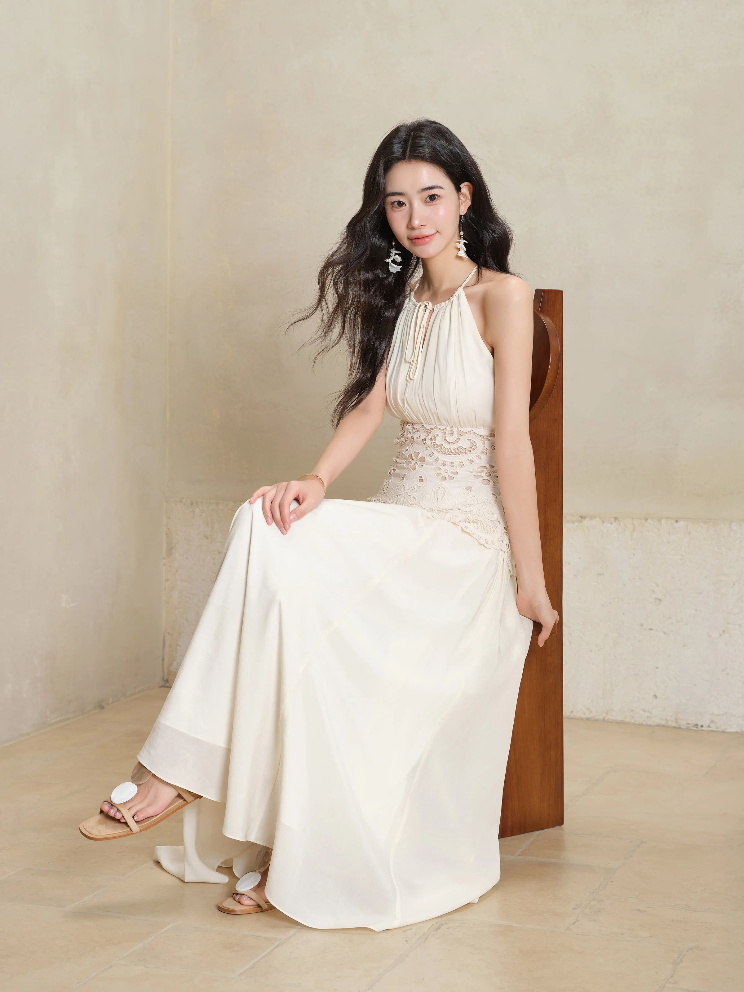 Lace Halter Maxi Dress Women Summer A-Line Slim Fit French Style Elegant Long Dress Hollow Out Sleeveless Fake Two-Piece Outfit