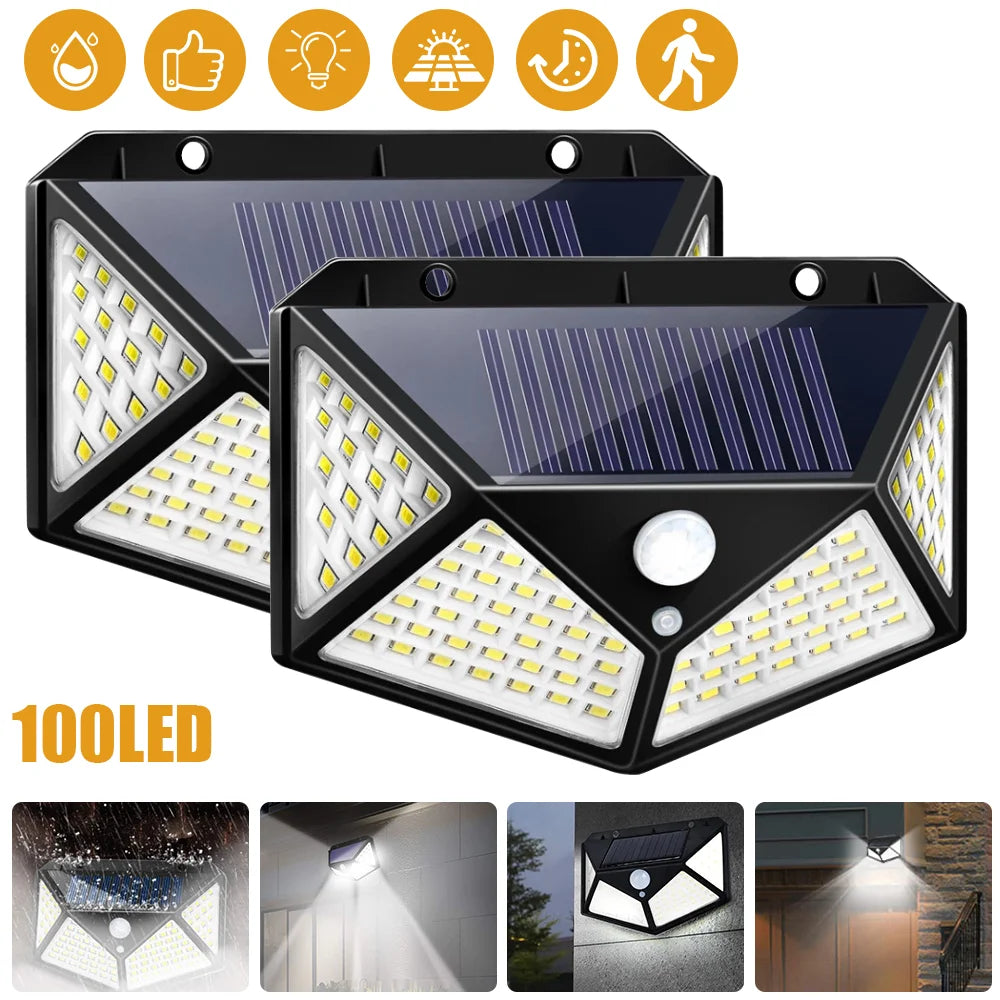 Solar Wall Lamp Outdoor Solar 100 LED Light 4 Sided Luminous Motion Sensor Waterproof Sunlight Garden Courtyard Decor Lighting