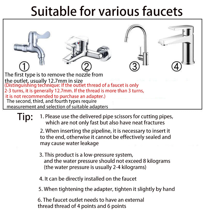 Faucet adapter compatibility instructions for low-pressure sprinkler installation
