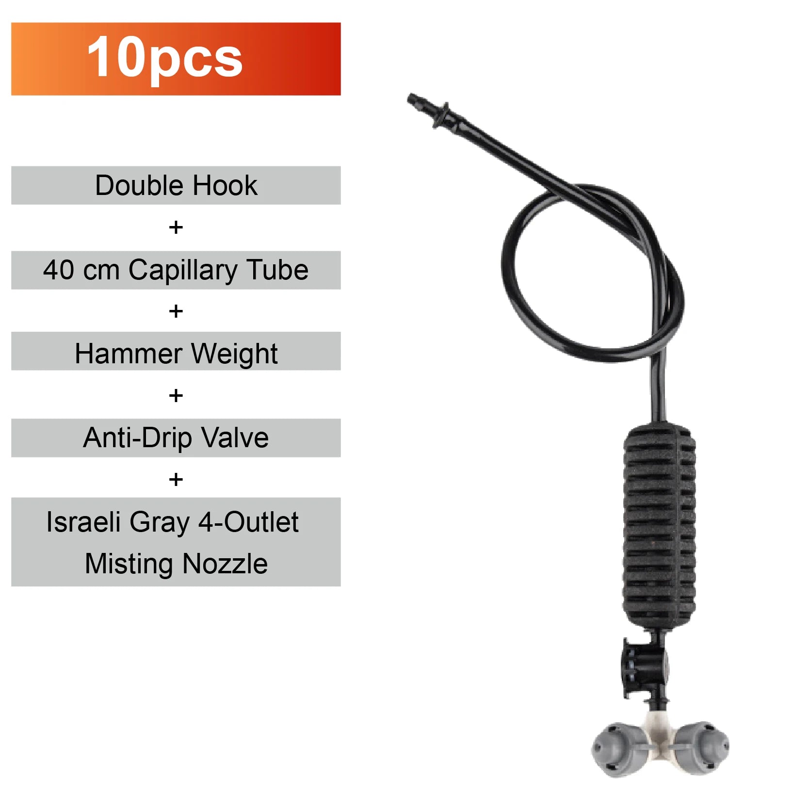 Hanging misting sprinkler nozzle with black ribbed body, hose line, and two outlet heads