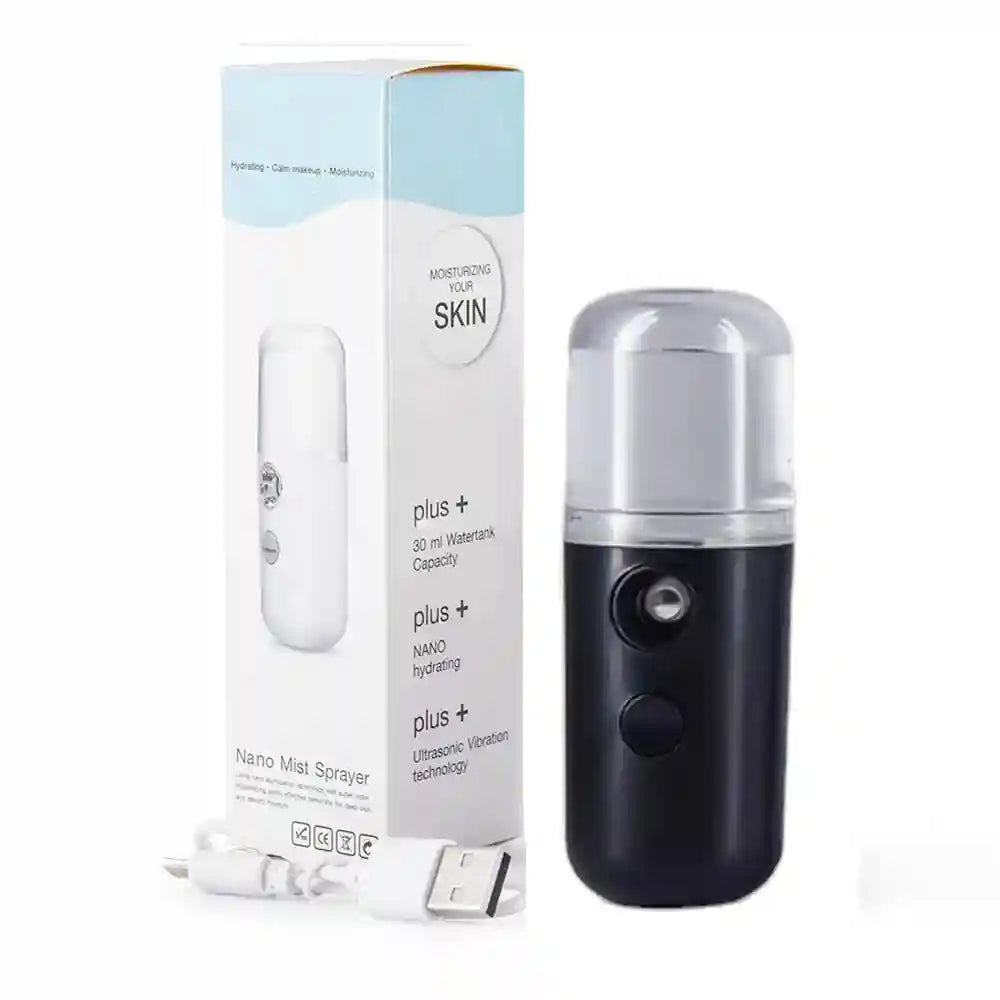 Portable black nano facial mister sprayer for skin hydration and eyelashes with USB charging cable and retail box.