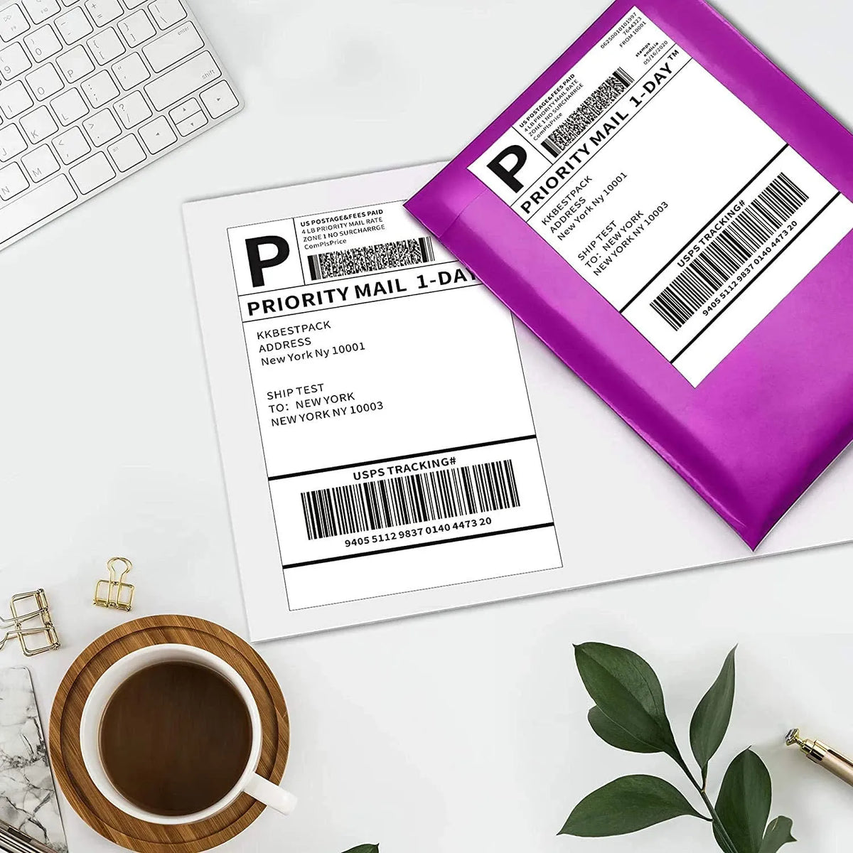 Thermal shipping label paper adhesive sheets, 4x6 size with barcodes on envelopes