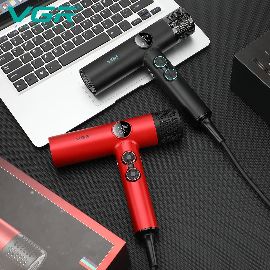 VGR professional BLDC hair dryer in black and red, featuring digital display, ionic tech, and sleek ergonomic design.