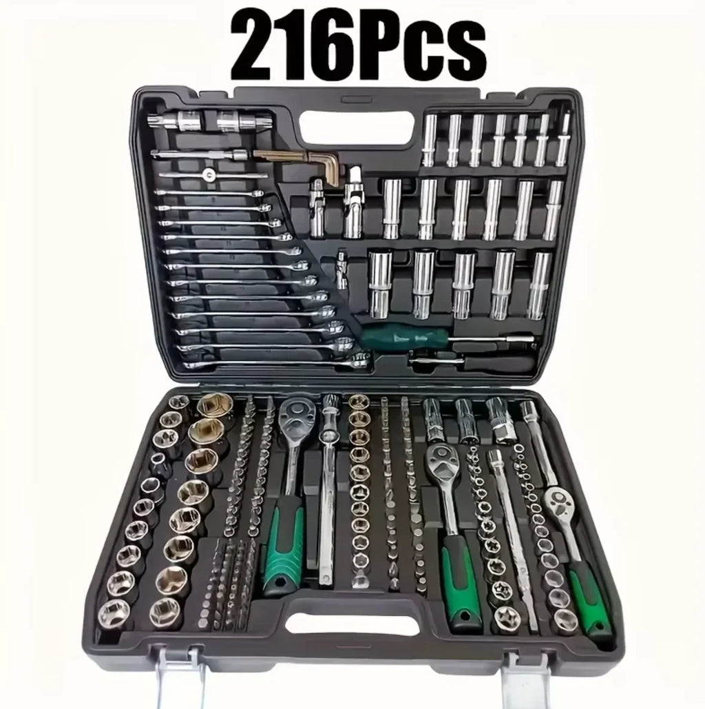 216-Piece Professional Socket Set 1/2' 3/8' 1/4' Drive SAE & Metric with 72-Tooth Ratchet for Automotive And Home Repair.（1SET）