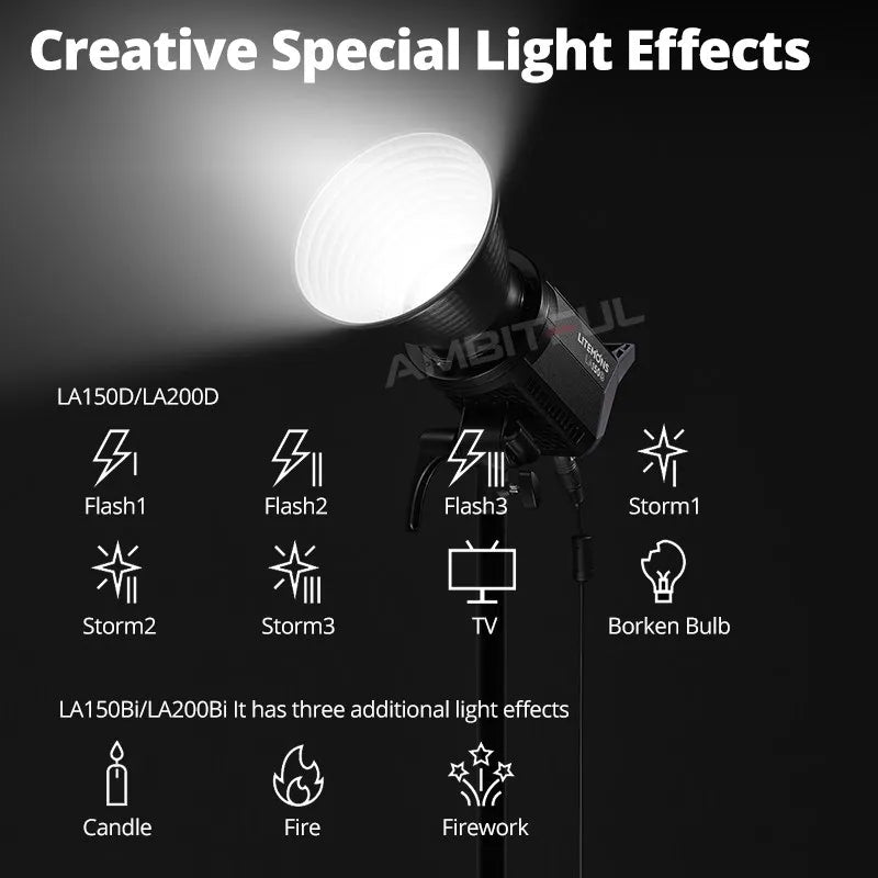 LA150/LA200 studio LED video light with reflector, featuring various programmable lighting effects like flash and fire.