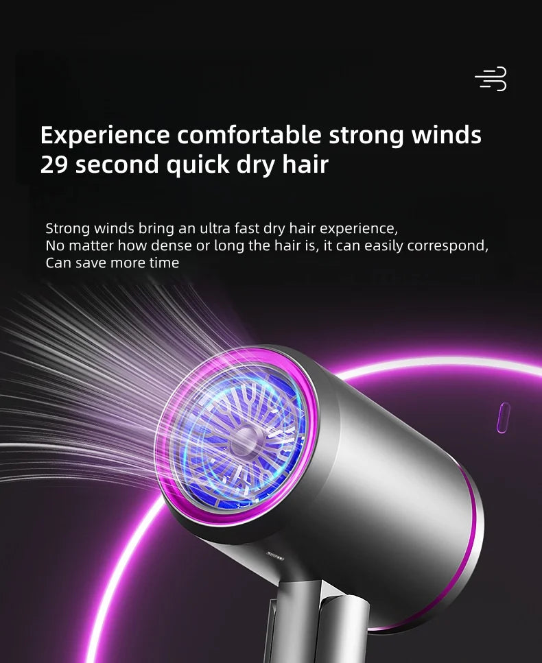 Silver 2400W foldable hair dryer with purple accent light, fast-drying nozzle, and powerful silent motor design.