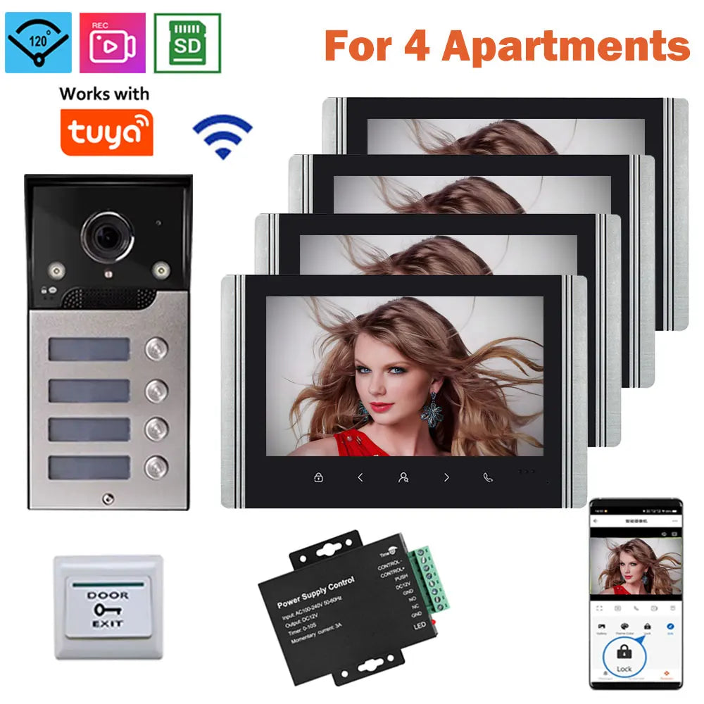 Video intercom system for 4 apartments with outdoor camera, indoor monitors, and exit switch