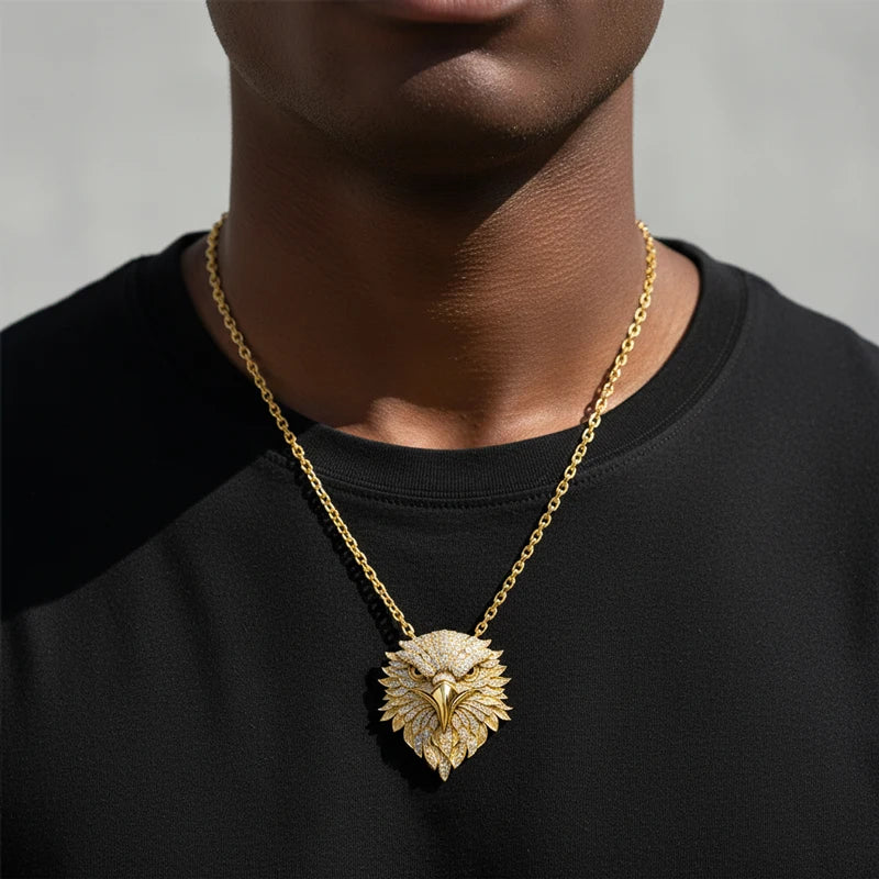 Eagle Head Pendant Necklace 24K Gold Plated Diamond Round Brilliant Cut Unisex Luxury Link Chain