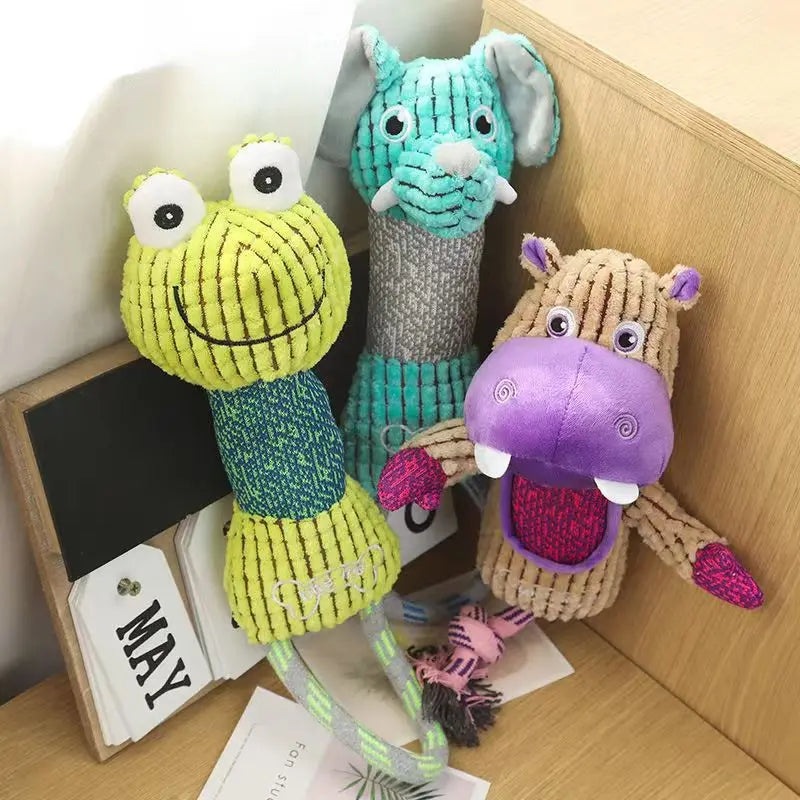 Cute cartoon animal plush dog toys with rope for interactive play, teeth cleaning, and puppy chewing.