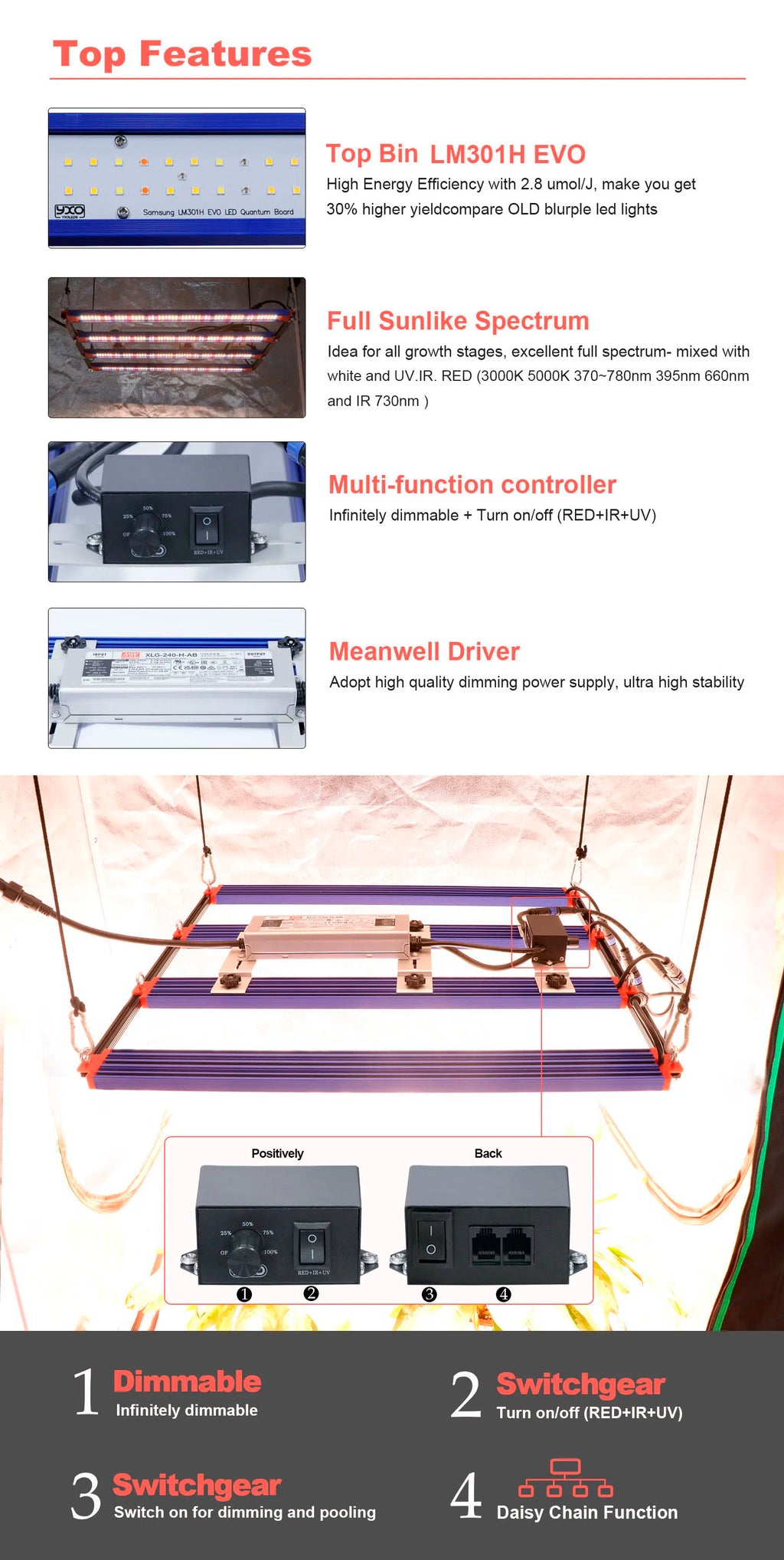 650W 1000W  LM301H EVO MeanWell LED Grow Light Bar Timmer UV IR On/Off For Indoor Flower Tent Plant Growth Phyto Lamp