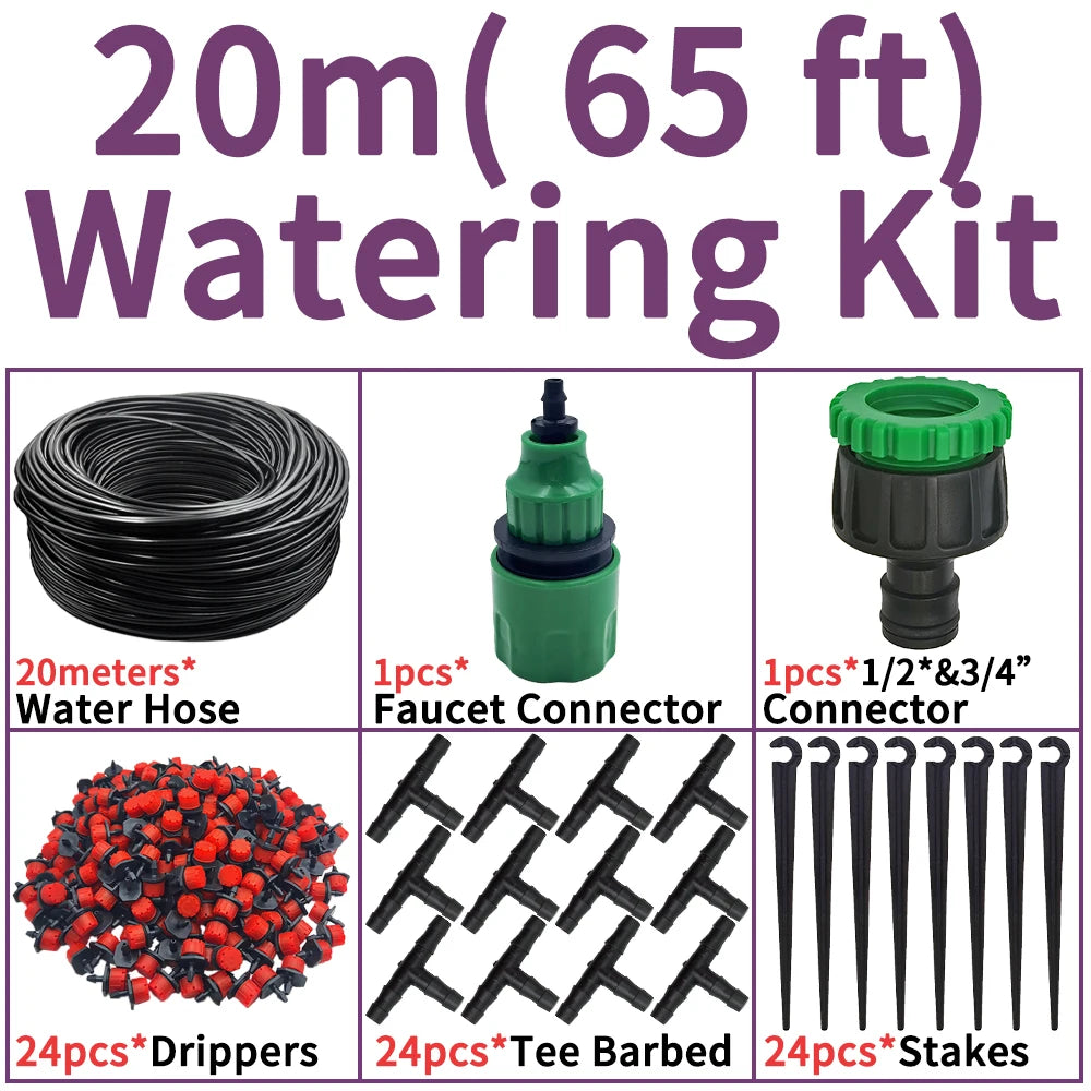 20m micro drip watering kit with water hose, faucet connector, and drippers & stakes