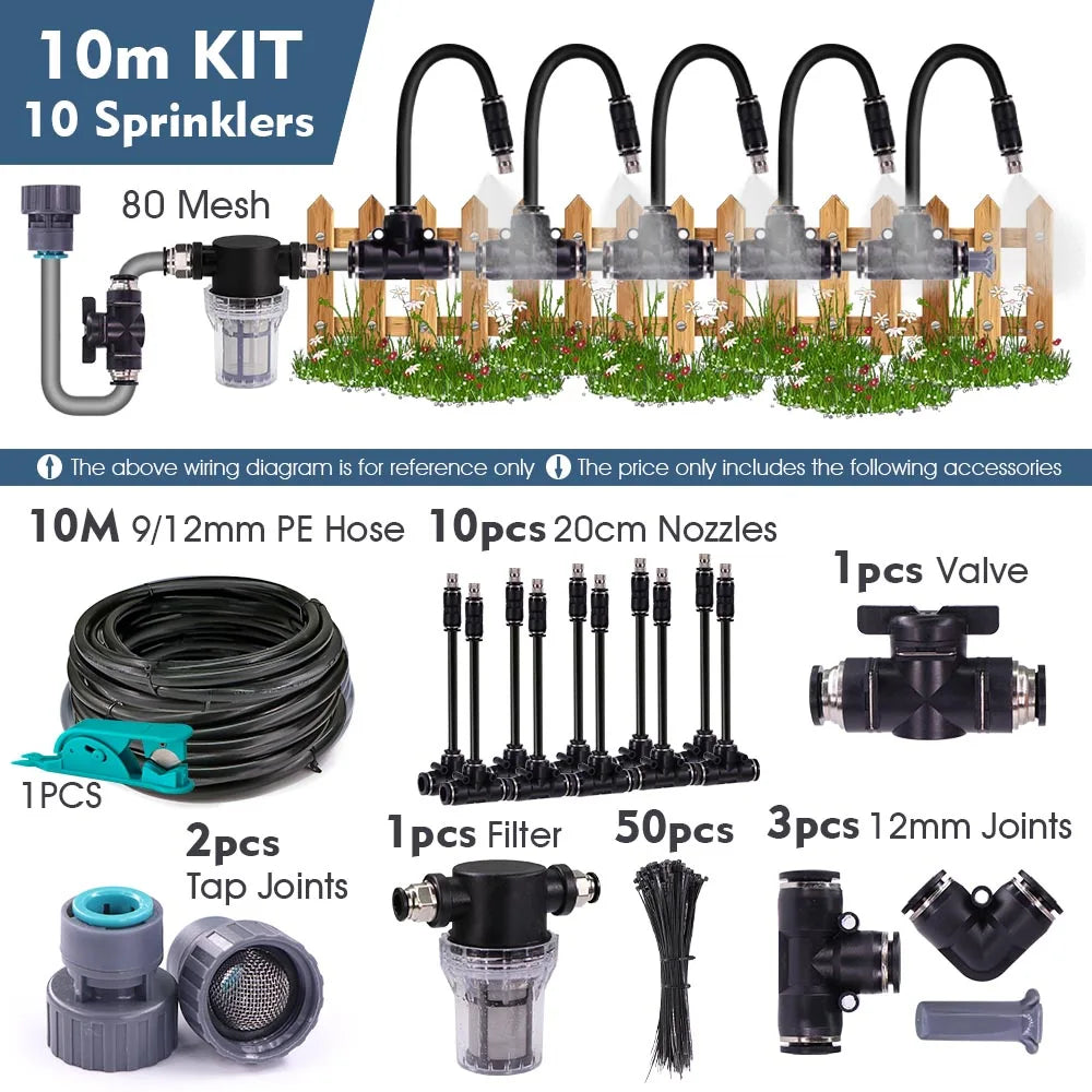 Mist cooling garden kit with 9/12mm PE hose, 20cm nozzles, filter, and 12mm joints
