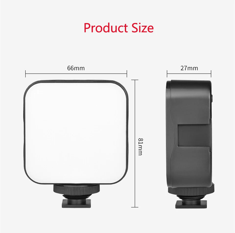Black LED camera light with white diffuser, measuring 66mm by 81mm by 27mm, with a cold shoe mount for photography.