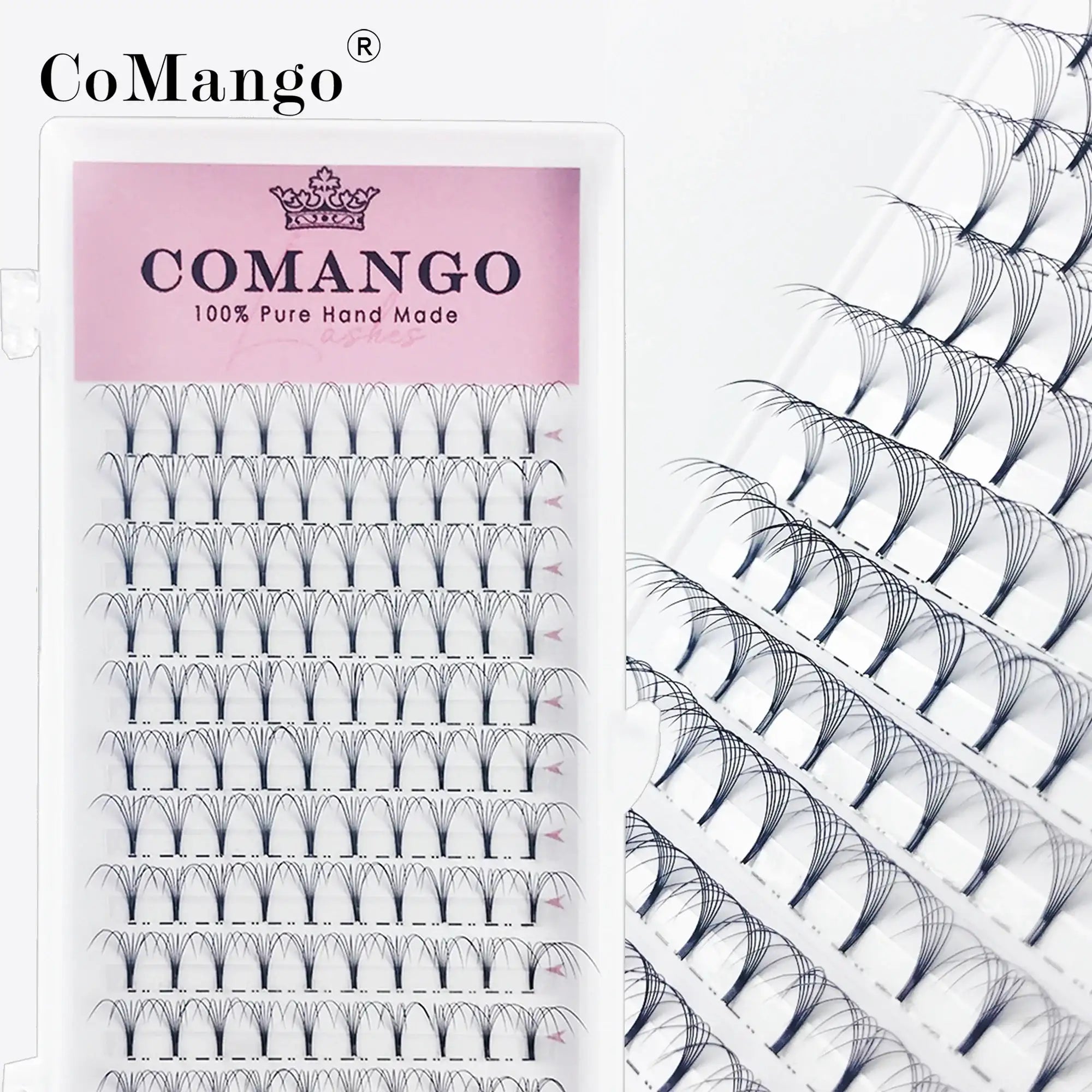 A tray of black, short-stemmed, premade volume Russian eyelash fans by CoMango, neatly arranged on adhesive strips.