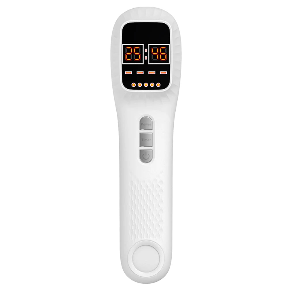 White handheld red light therapy device with a digital display, buttons, and a textured grip.