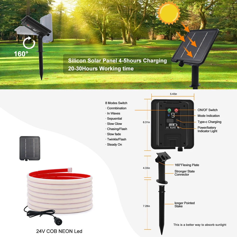 Solar Neon Light Strip 24V COB Waterproof IP68 Red Green Blue Warm Natural White 320LEDs/m Flexible High Density Linear Lighting