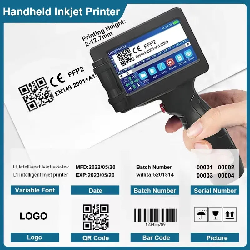 Handheld inkjet printer applying QR, barcodes, batch number and date on label surface