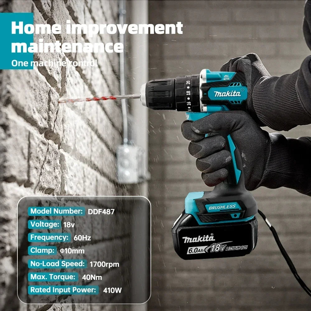Makita Original. DDF487 Cordless Driver Drill Brushless Electric Impact Screwdriver Rechargeable Power Tool 18V