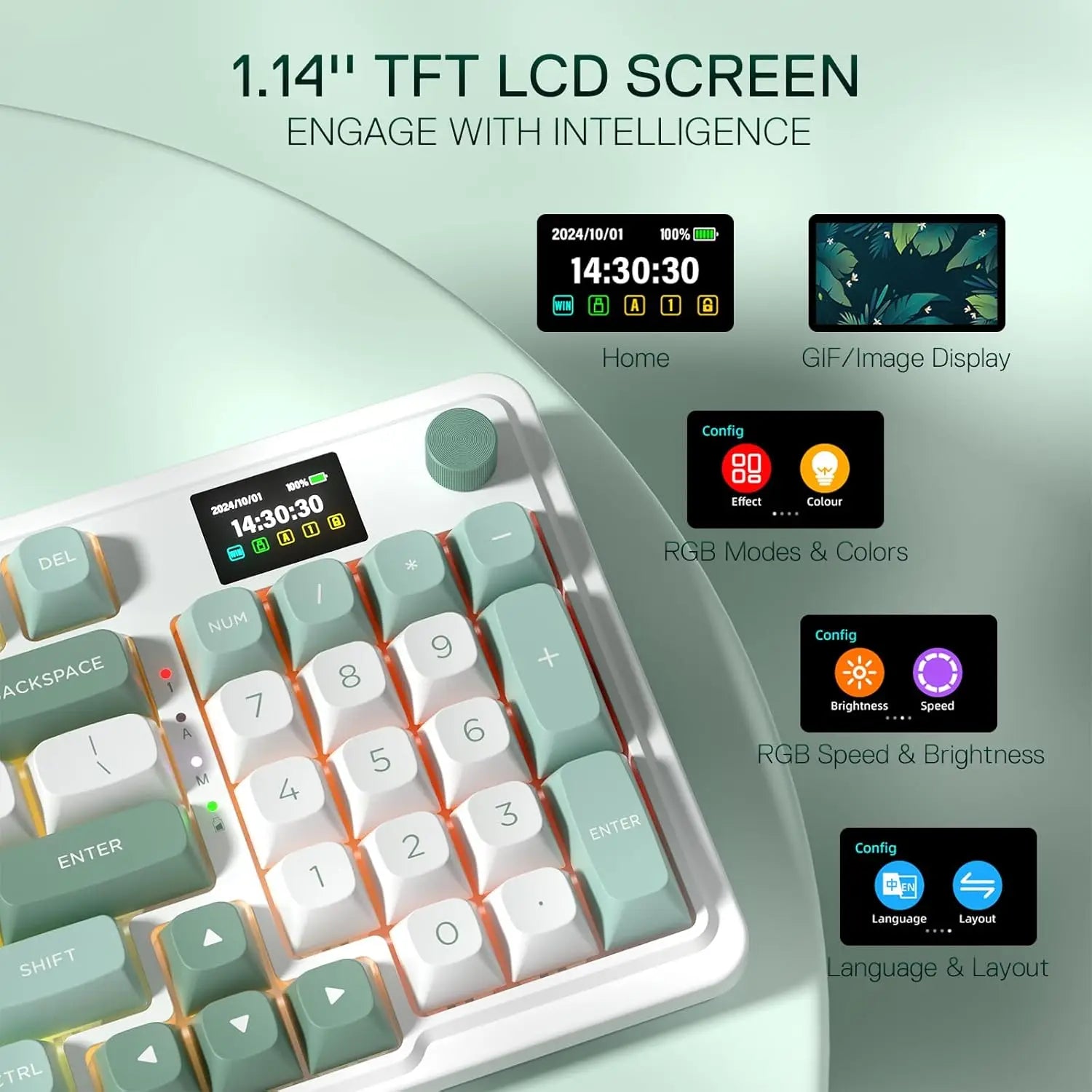 Redragon K719 Wireless Gasket Gaming 95 Keys Mechanical Keyboard,Easy-Control 1.14’’ TFT Info Display,Mint Mambo Switches