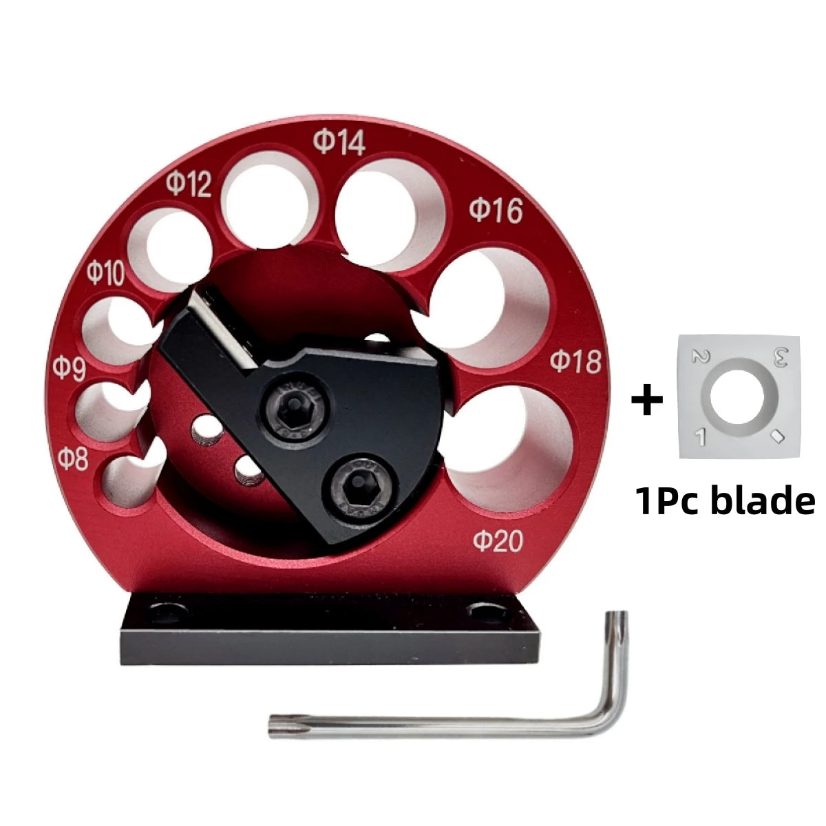 8-hole dowel maker jig kit with red wheel, black cutter head, L hex wrench, 1 blade included