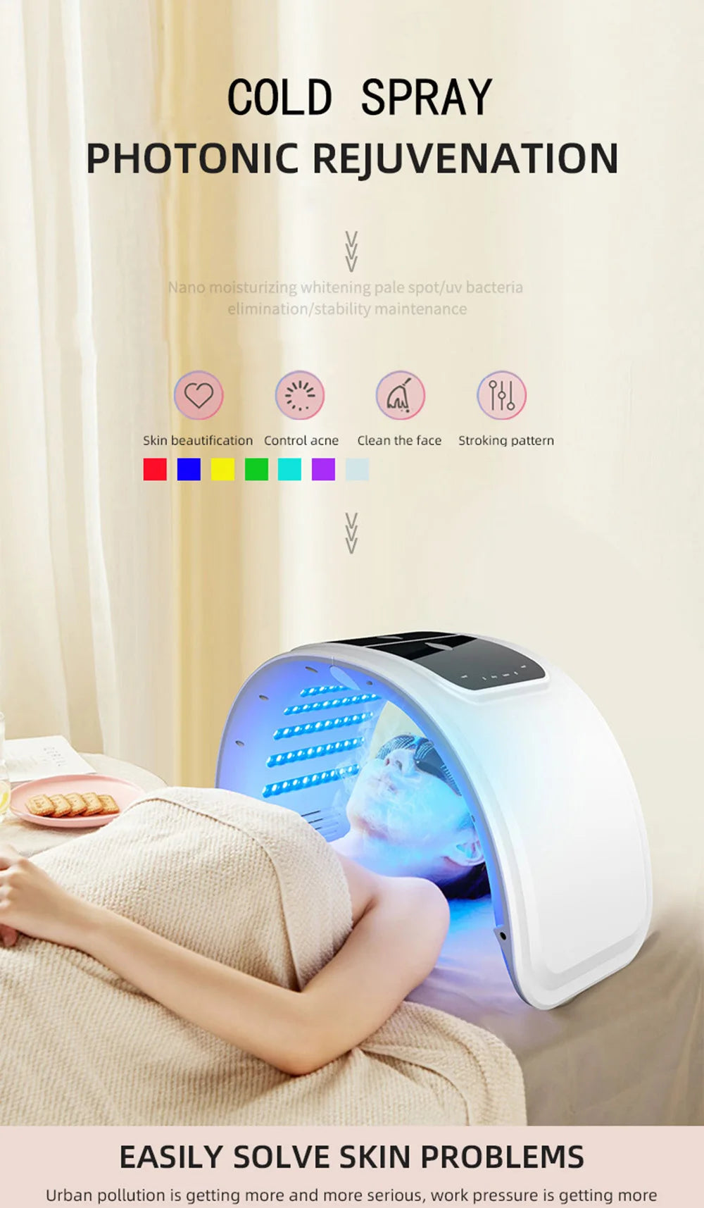 White arched LED facial rejuvenation device emitting blue light over a person lying down with text overlays.
