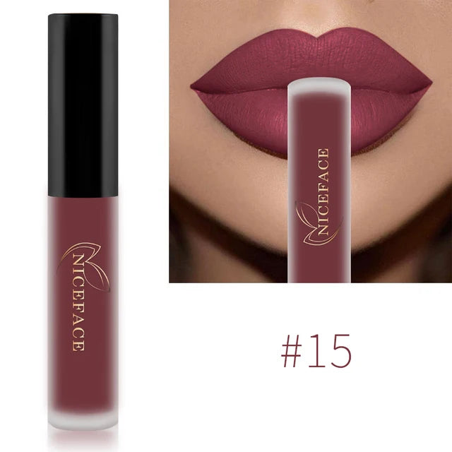 Niceface waterproof liquid lipstick in shade #15, a long-lasting matte berry lip gloss with smooth, velvet finish.