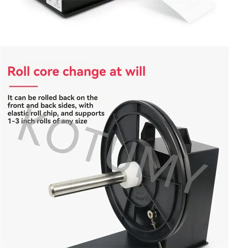 Automatic barcode label rewinder with black reel holder and silver metal shaft
