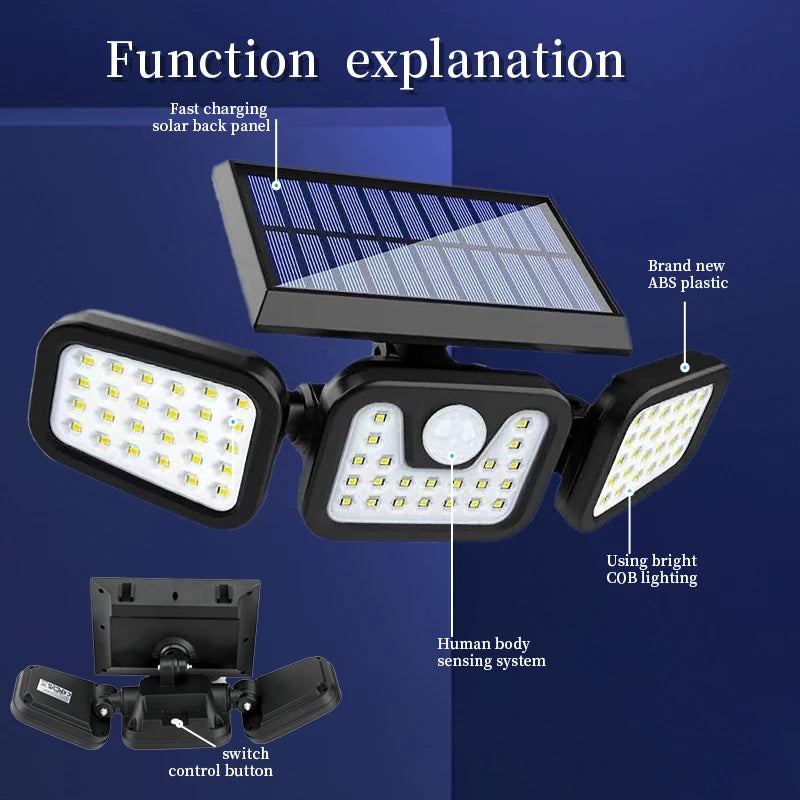 3 Head Solar Motion Sensor Outdoor Wall Light Adjustable Waterproof Solar Powered Security Lamp Garden Patio Pathway Spotlights