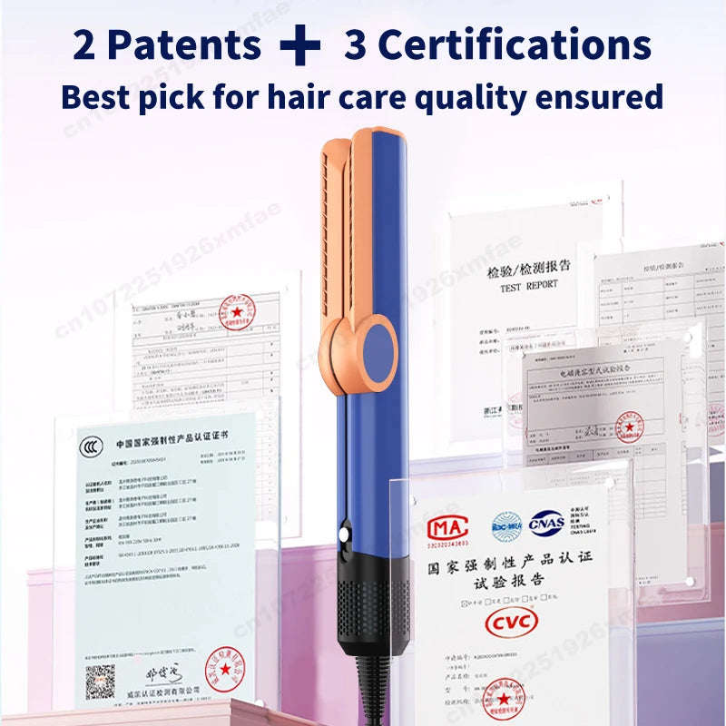 SenCiciMen 2-in-1 blue and gold ionic hair straightener and dryer with floating plates and safety test certifications.